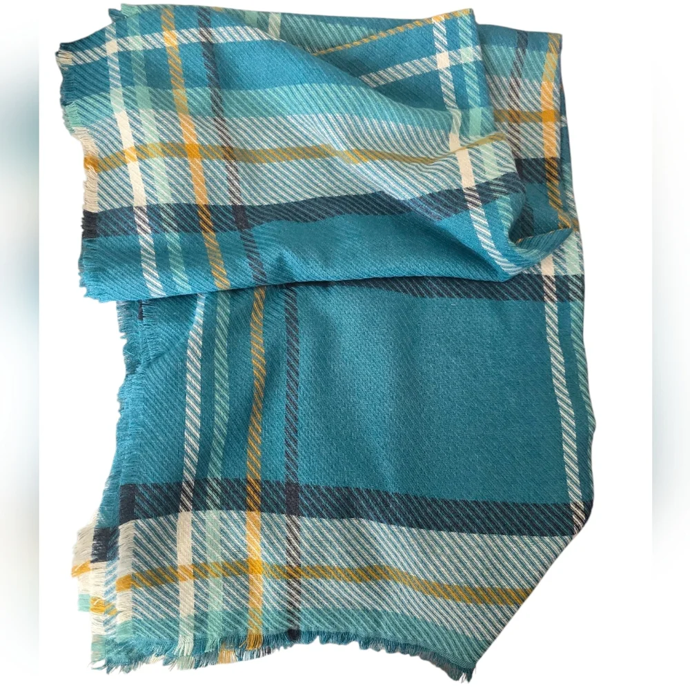 NWT Christopher & Banks Teal and Yellow Plaid Scarf - Picture 4 of 8